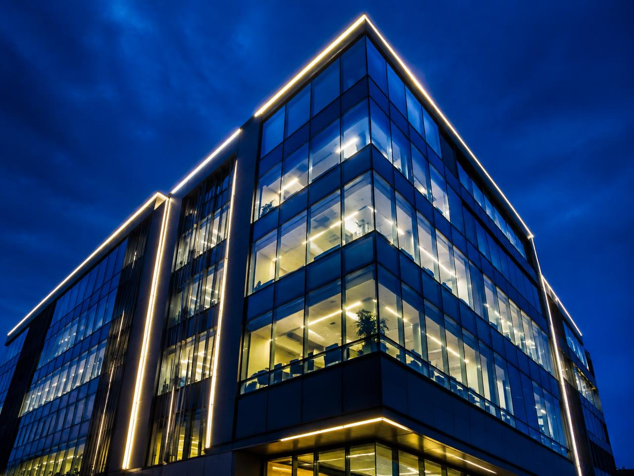 Office building at night with new LED facade lighting
