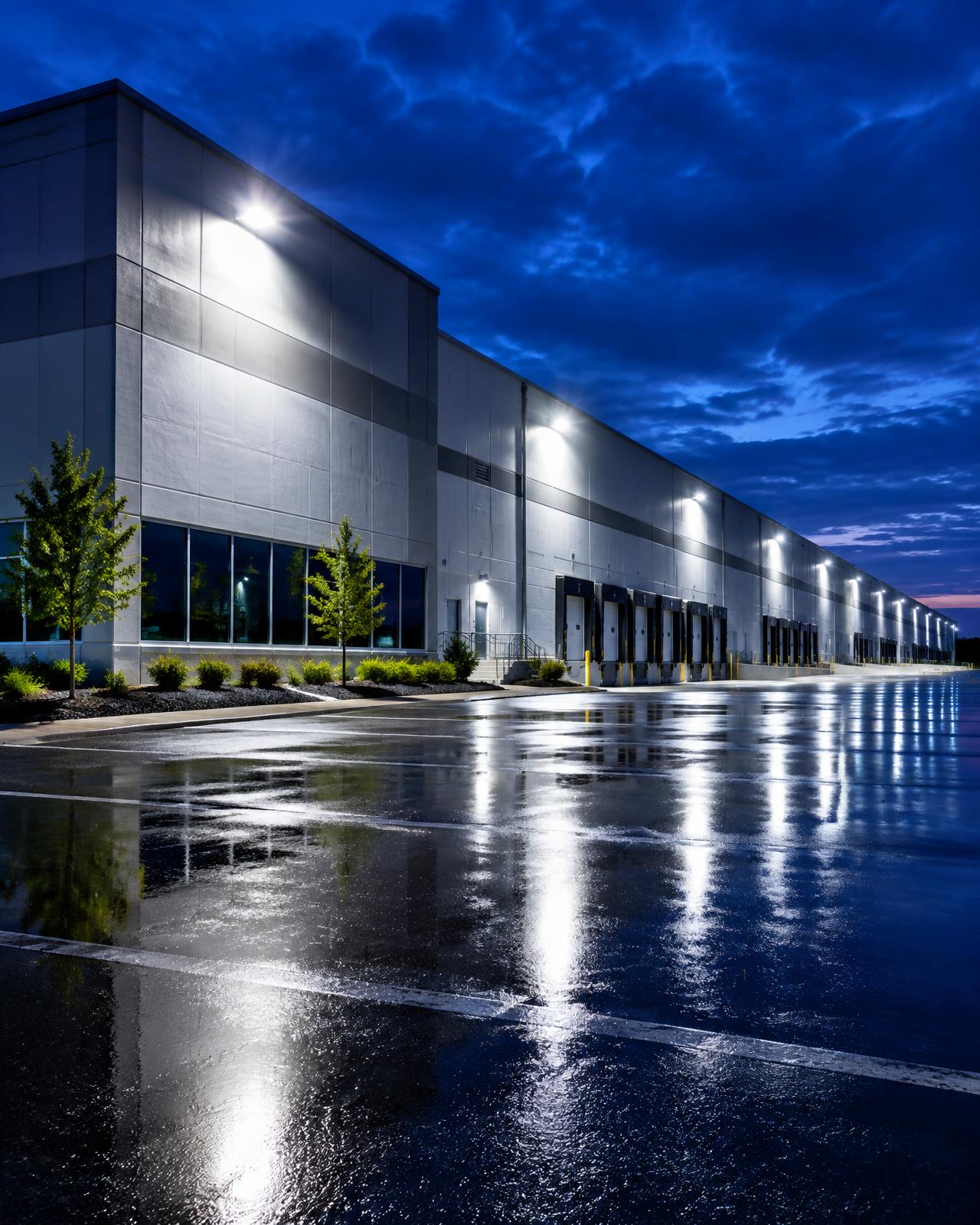 Warehouse exterior at dusk after an LED lighting upgrade