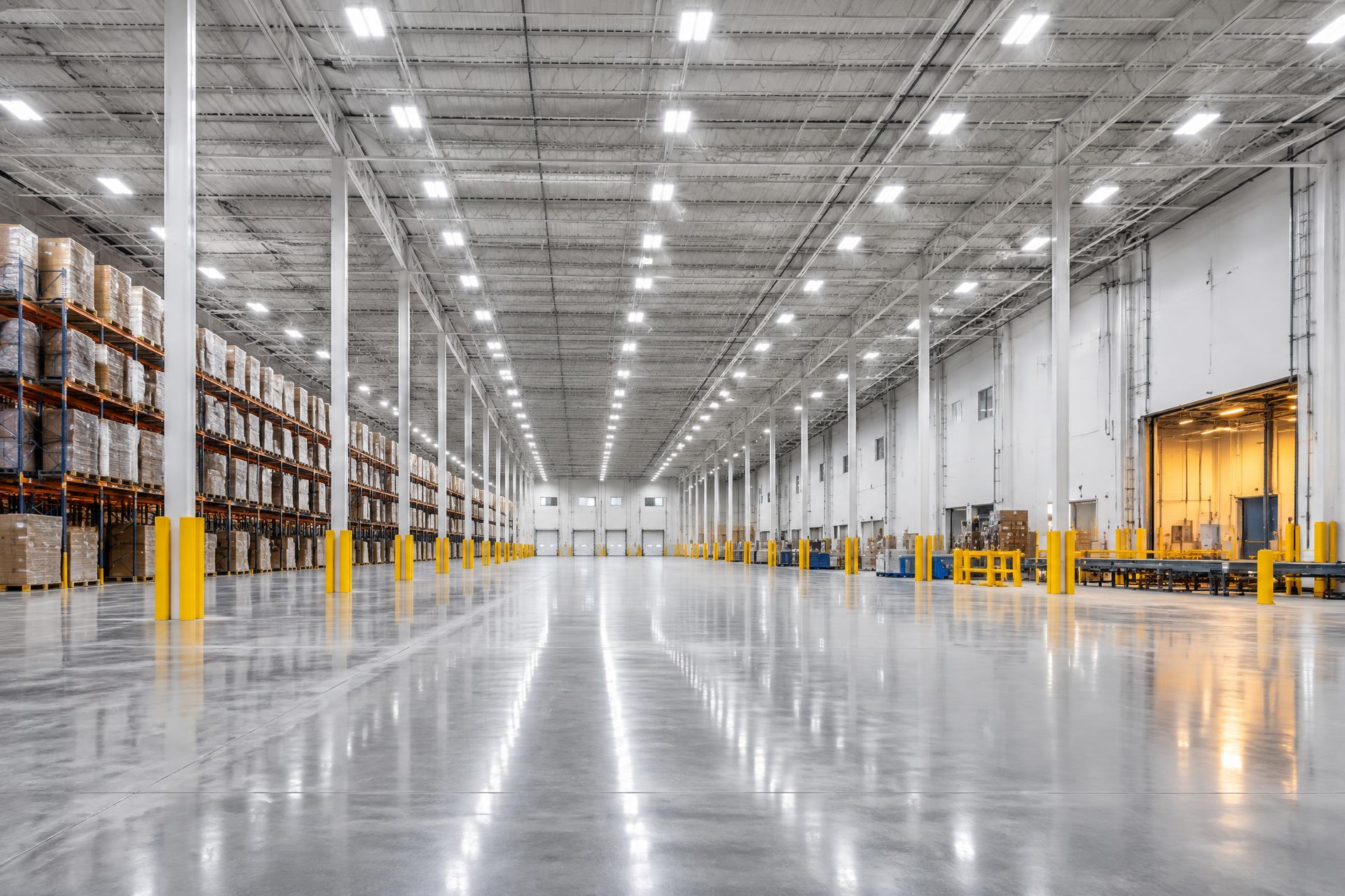 Bright LED lighting inside a commercial warehouse